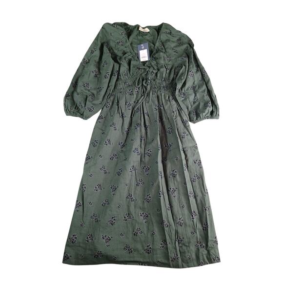 Universal Thread Dress Women XS Green Pattern Puff Sleeve Midi Pockets Linen NWT - Picture 1 of 10